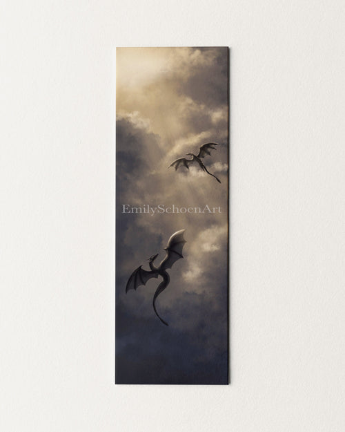 Artistic depiction of two dragons flying against a cloudy sky