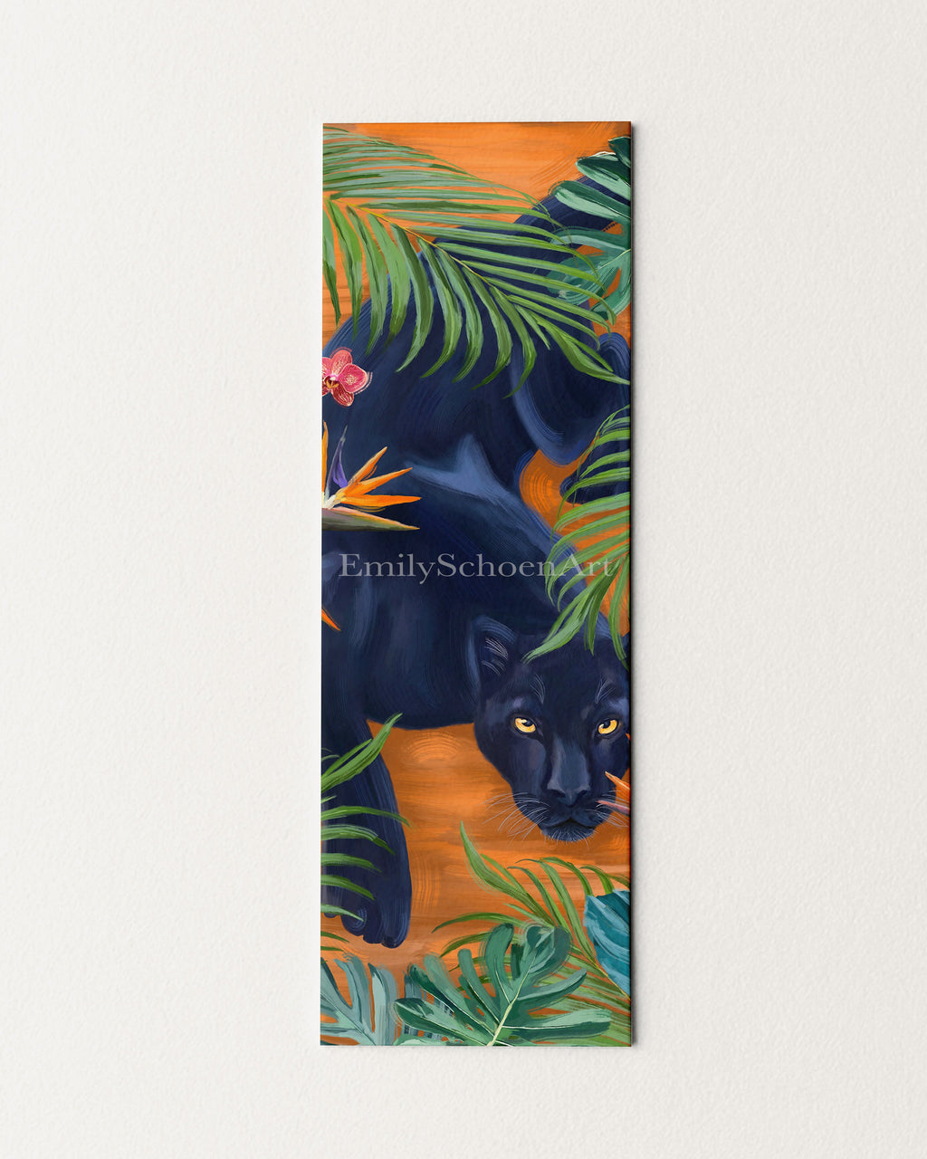 Bookmark design of a black panther among tropical leaves