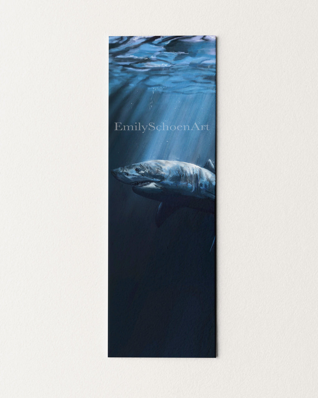 Great White Shark underwater with sunlight filtering through water surface bookmark